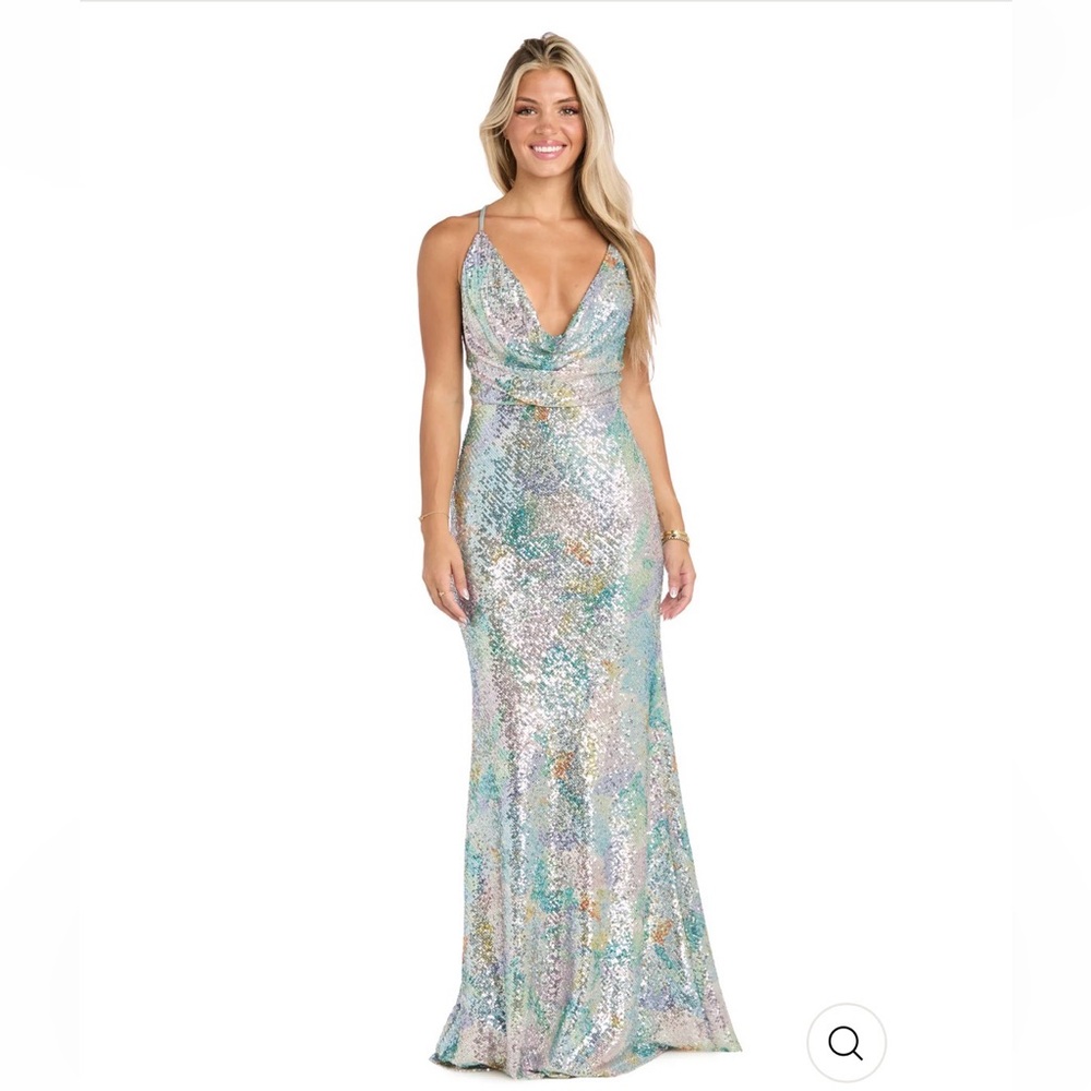 Morgan and Company seaglass Sequin Multicolor rainbow pastel Gown prom